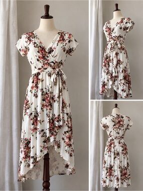Floral Wrap High-Low Dress in Cream with Pink Bouquet